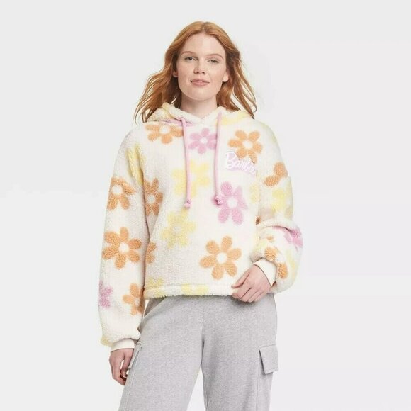 Barbie Womens Graphic Faux-Fur Sherpa Hooded Jacket 1X Floral